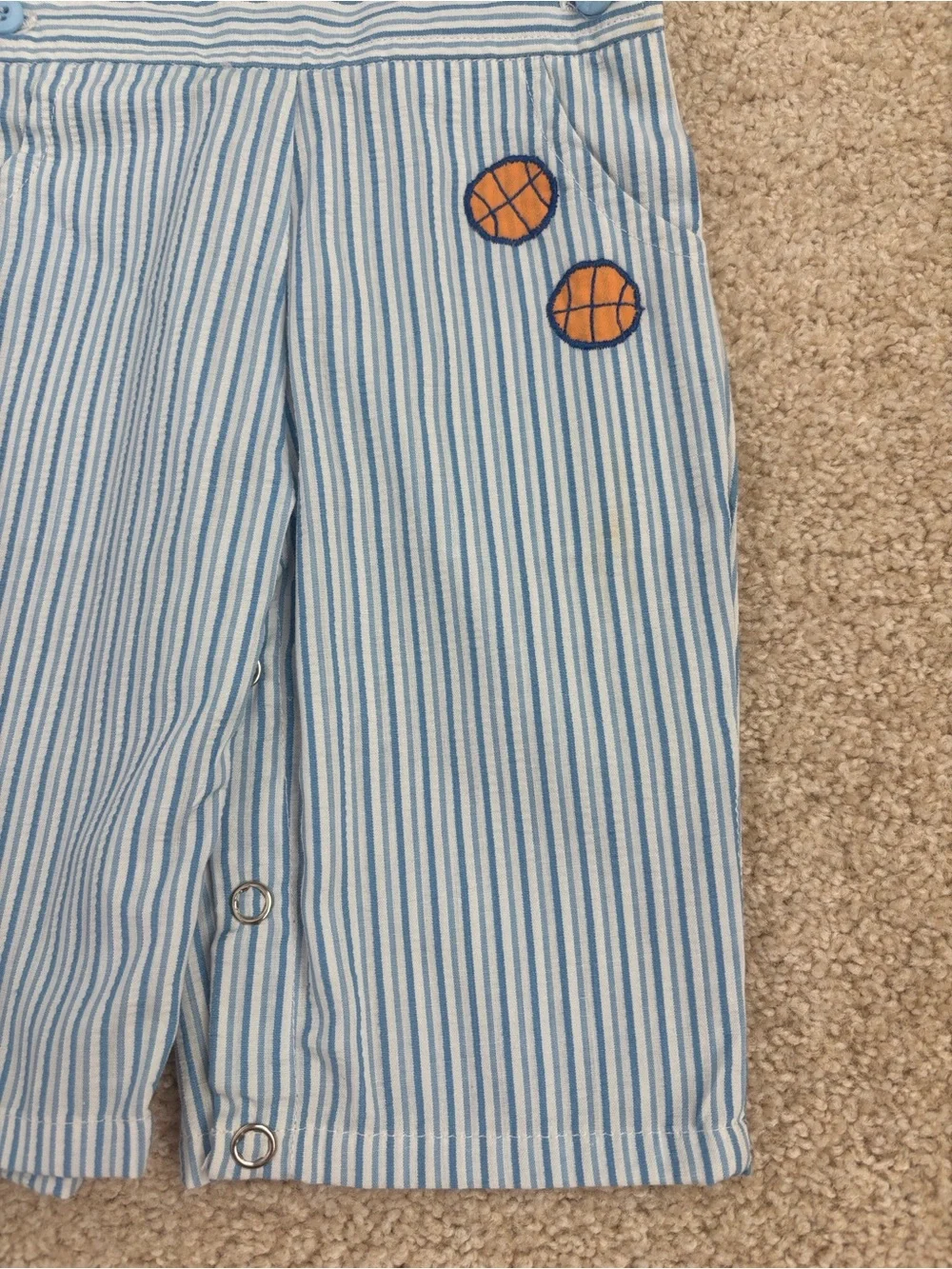 Pair of seersucker basketball themed infant rompers, size 3-6mo